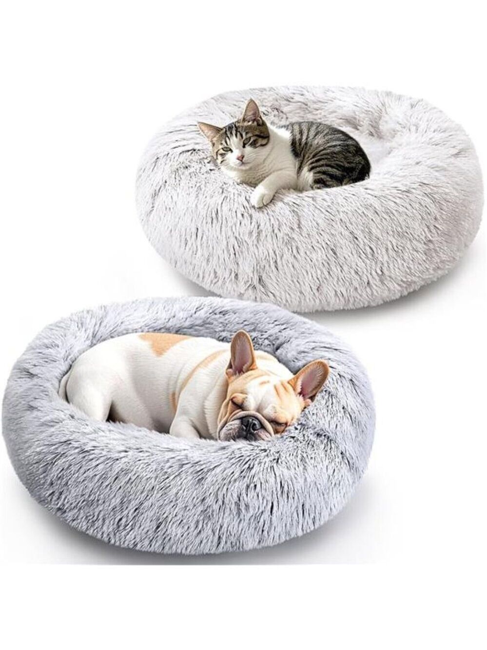 Dog Cat Bed 2 Pack Medium Donut Calming Round Fluffy Washable Pet Bed Grey White